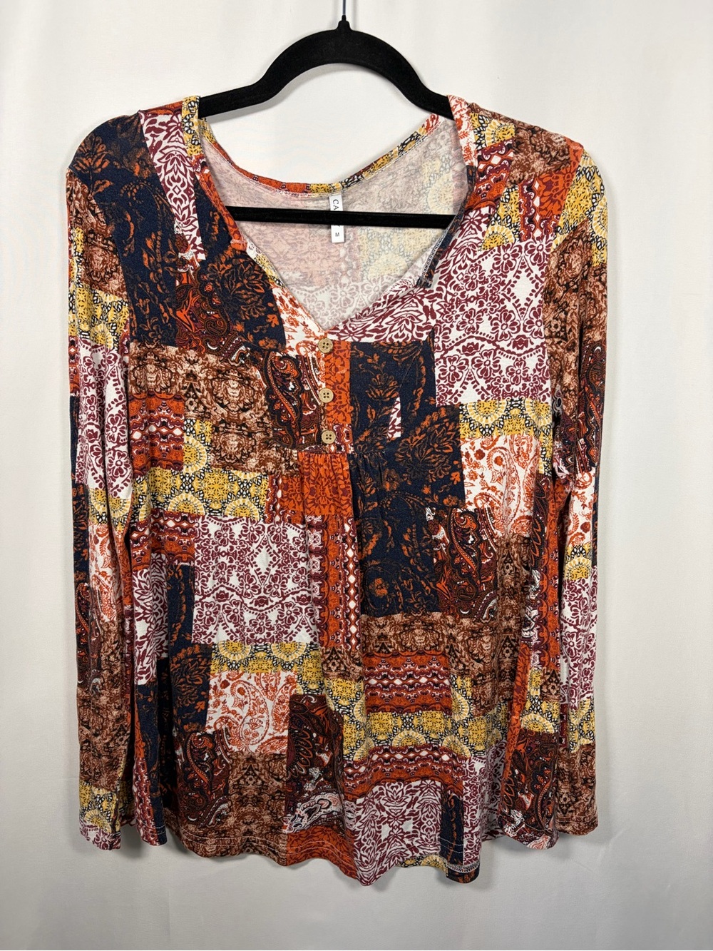 Earth Tone Patchwork Paisley Print Long Sleeve Button Up Tunic Top Size Medium